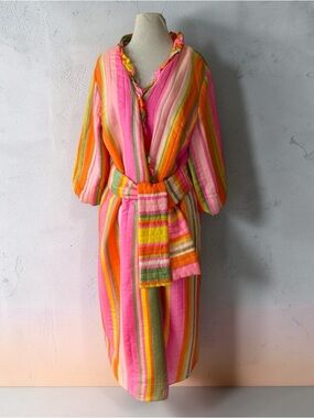 Vtg 60s Jettecette Pink Stripe Quilted Robe Duster S/M Colorful Retro 70s